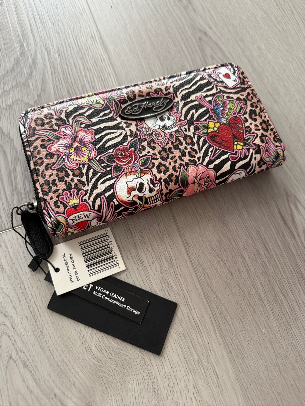 Ed Hardy Pink Leopard & Zebra Tattoo Print Zip Wallet